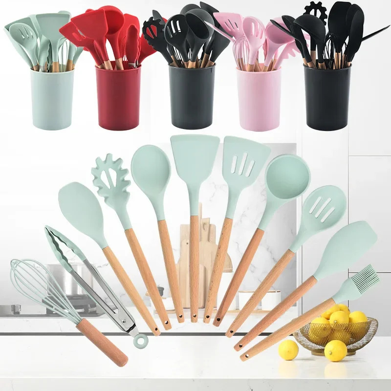 12-piece Set Wooden Handle Sil - Kitchen Baking Pan Storage reseña y precio